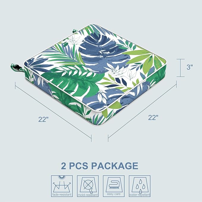 LVTXIII Patio Chair Cushions 22"x22"x3", Water-Repellent Outdoor Seat Cushions for Patio Furniture, Square Chair Pads with Ties for Home Garden Decoration, Set of 2, Islamorada Blue Green-VerdiqueGarden