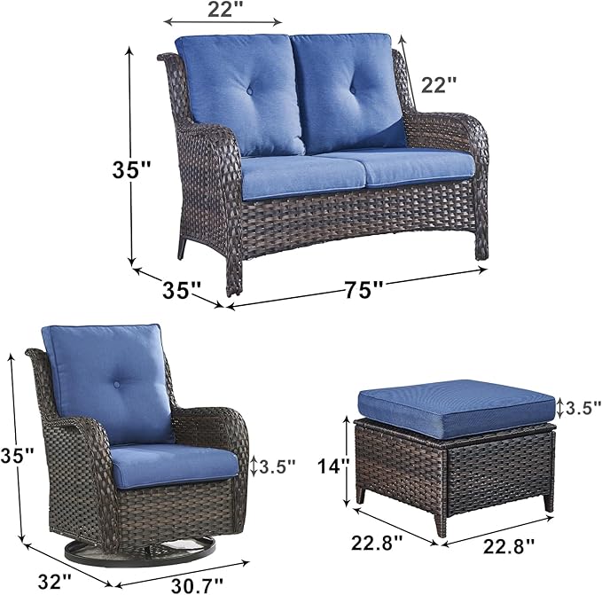 Outdoor Wicker Patio Furniture Set - 5 Piece Rattan Patio Conversation Set with 2 Rocking Swivel Chairs,2 Ottomans and 1 Loveseat for Porch Deck Backyard Garden(Brown/Blue)-VerdiqueGarden