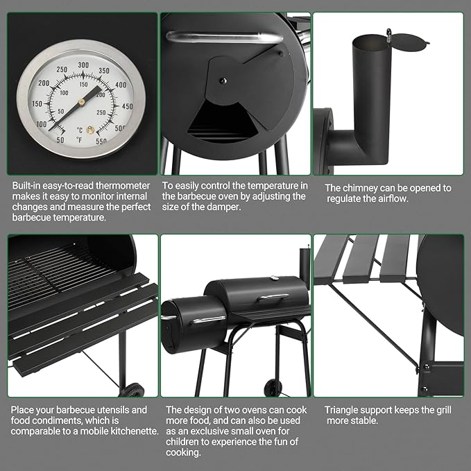 Outvita Outdoor BBQ Charcoal Grill, Portable Camping Grill for 6-10 People with Offset Smoker & Wheels for Patio Backyard Picnic-VerdiqueGarden