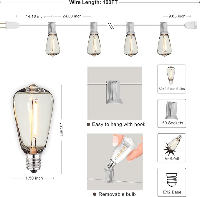 DAMAING LED Outdoor String Lights 100FT Patio Lights with 52 Shatterproof Edison Bulbs,Dimmable Hanging Lights,Waterproof String Lights for Outside Wedding,Bistro,Porch,Backyard,2200K-VerdiqueGarden