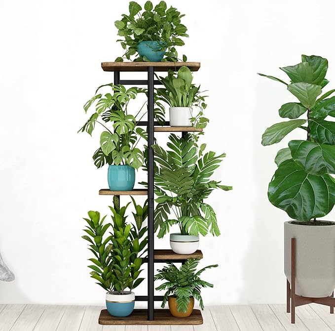 LINZINAR Plant Stand 5 Tier 6 Plant Multiple Flower Rack Holder Shelves Rack Storage Organizer Display Indoor Planter for Balcony Bedroom Patio Garden Living Room, Black-VerdiqueGarden