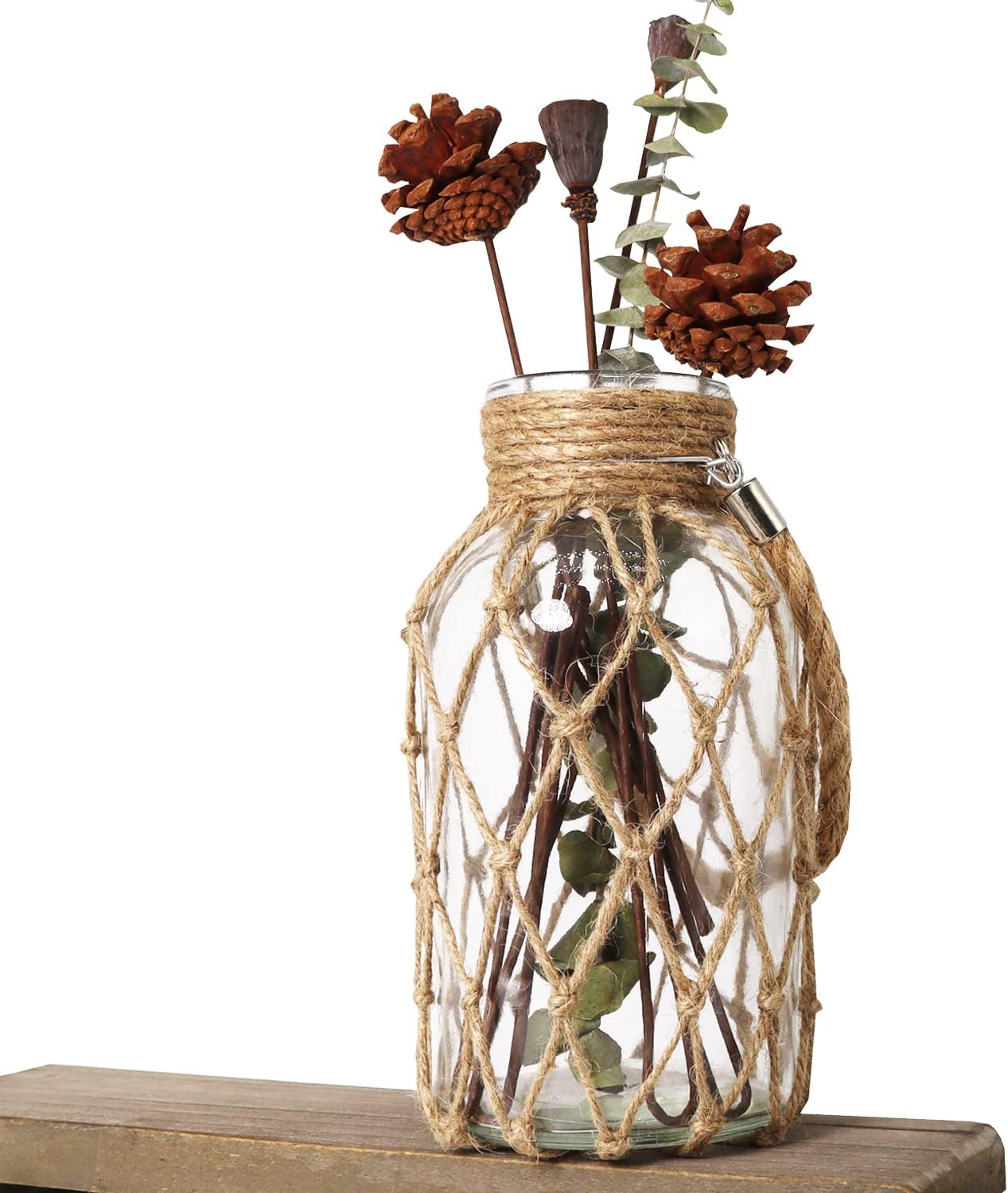 Rustic Hanging Mason Jar Creative Rope Net Dry Flower Glass Vase with Handle (1 Vase 8")-VerdiqueGarden