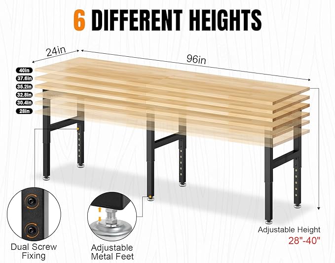 96”Adjustable Work Bench, 5000 LBS Capacity Heavy Duty Workbench with Power Outlet & Pegboard, Rubber Wood Work Table for Garage, Workshop, Office, Home-VerdiqueGarden