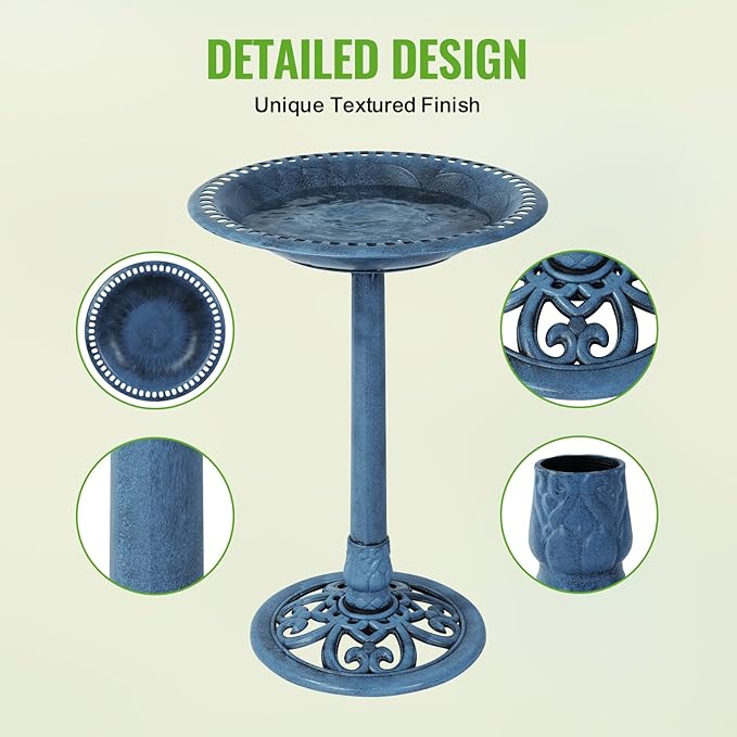 Backyard Expressions Outdoor Garden Bird Bath - Blue - Weather Resistant Polyresin - 27 Inch-VerdiqueGarden