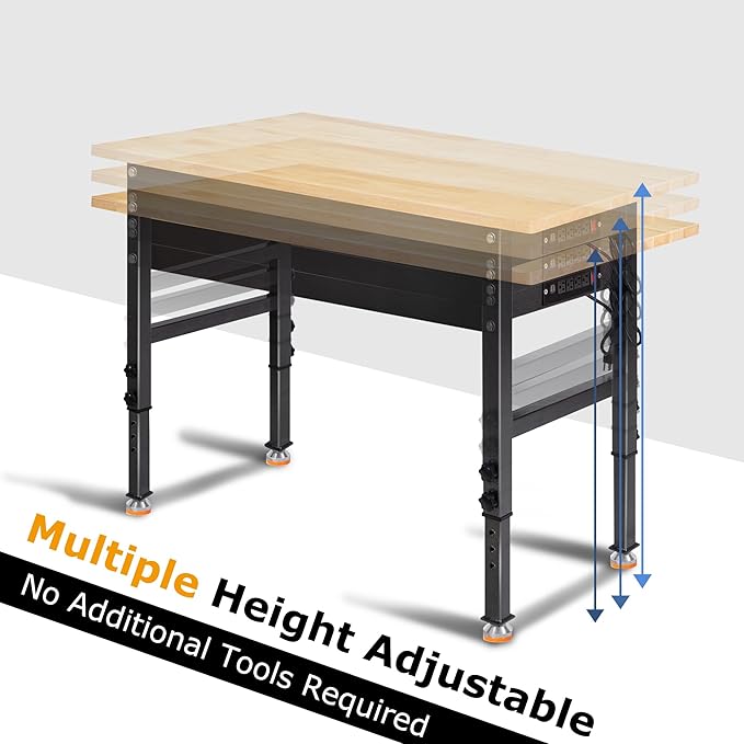 48" Adjustable Work Bench, Rubber Wood Top Workbench Heavy-Duty Work Table with Power Outlet, 2000 LBS Load Capacity Hardwood Work Benches for Garage, Workshop, Home, Office, Easy Assembly-VerdiqueGarden
