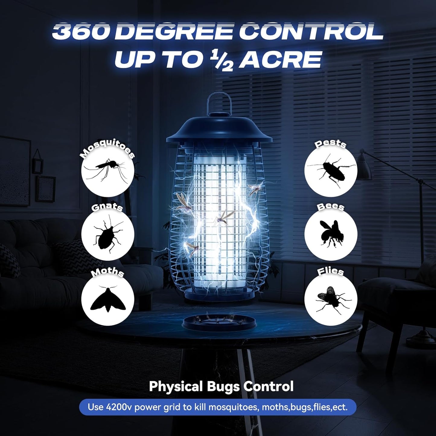 Bug Zapper Indoor & Outdoor, 4200V Electric Mosquito Zapper, 10 Years Lifespan, 6.5ft Power Cord, Waterproof, Fly Trap Mosquito Trap, Fly Killer Fly Zapper for Home, Patio, Kitchen, Backyard, Camping-VerdiqueGarden