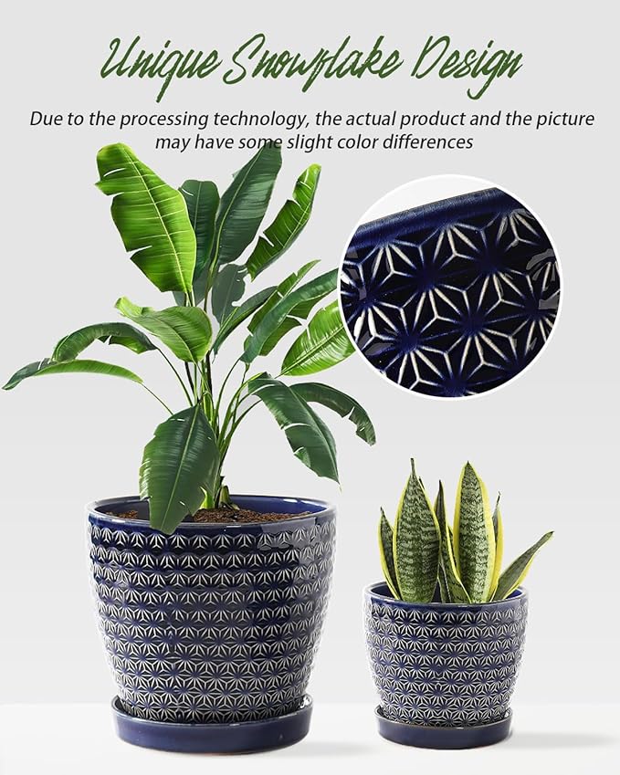 Plant Pots, Flower Pots, Planters for Indoor Plants(6.5+5.5inch), Flower Pots for Indoor Plants with Drainage Hole and Saucer, Ceramic Pots for Plants with Hole Mesh Pad,Reactive Glaze Blue-VerdiqueGarden