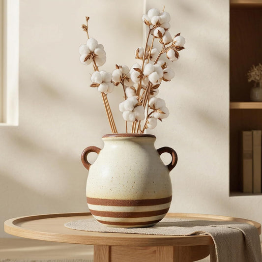 Rustic Farmhouse Ceramic Vase, Pastoral with 2 Ear Design, Boho Vintage Terracotta Vases for Bouquet、Fake Plants, Suitable for Home Decor, Shelf, Dining Table, Living Room, Mantle, Bathroom, 5.9 Inch-VerdiqueGarden
