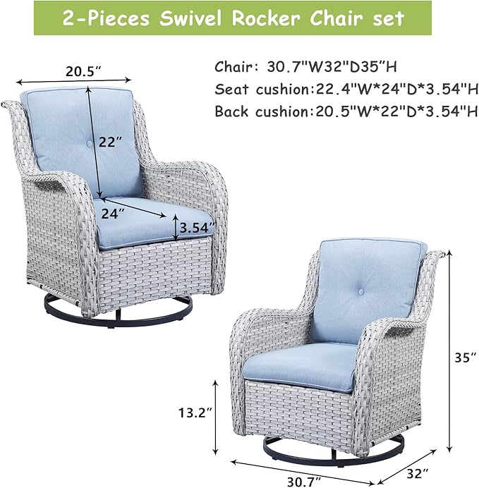 Outdoor Patio Swivel Rocker Chairs - Wicker Rattan Patio Swivel Rocking Chairs Set of 2 with High Back,Deep Seating and Comfort Cushions for Deck Porch Garden,Light Grey/SkyBlue-VerdiqueGarden