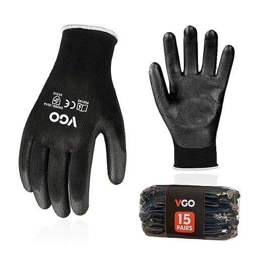 Vgo... 15-Pairs Safety Work Gloves, Gardening Gloves, Polyurethane Coated, Dipping Gloves, Latex Free (Size XL, Black, PU2103)-VerdiqueGarden