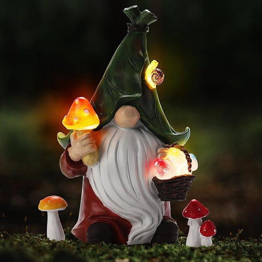 Mushroom-Picking Gnome Solar Garden Statue with 3 LED Lights, Set with 1 Gnome and 2 Small Mushroom, Lovely Garden Gnome Set for Patio, Yard, Lawn Ornament, Outdoor Decor-VerdiqueGarden