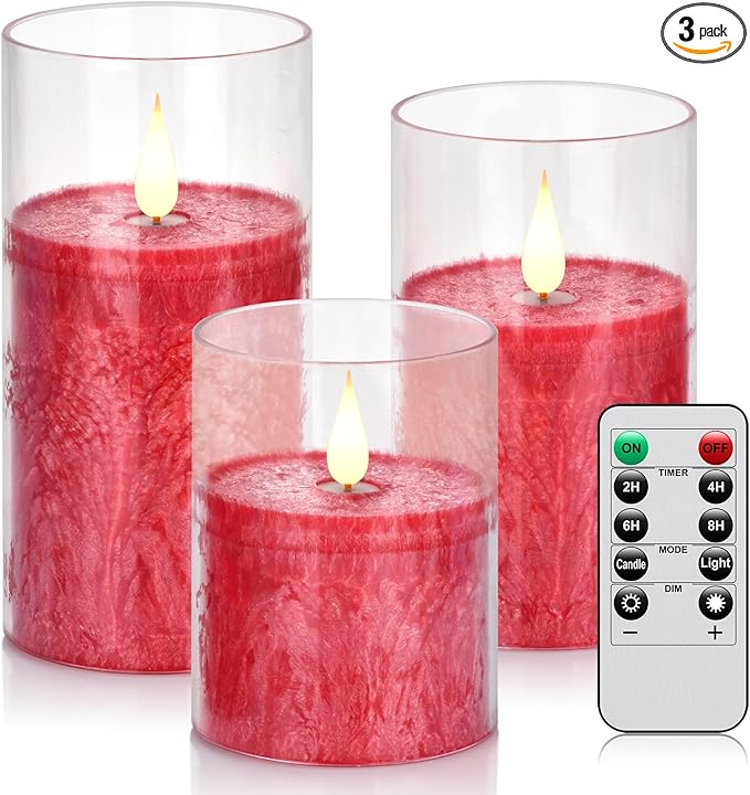 Flameless Flickering Remote Control Candle, Glass Pillar Candle,3 Pack (D:3"×H:4" 5" 6") LED 3D Flame Romantic Candle,Battery Operated Real Wax, Ideal for Wedding, Home Decor Holiday (Red)-VerdiqueGarden