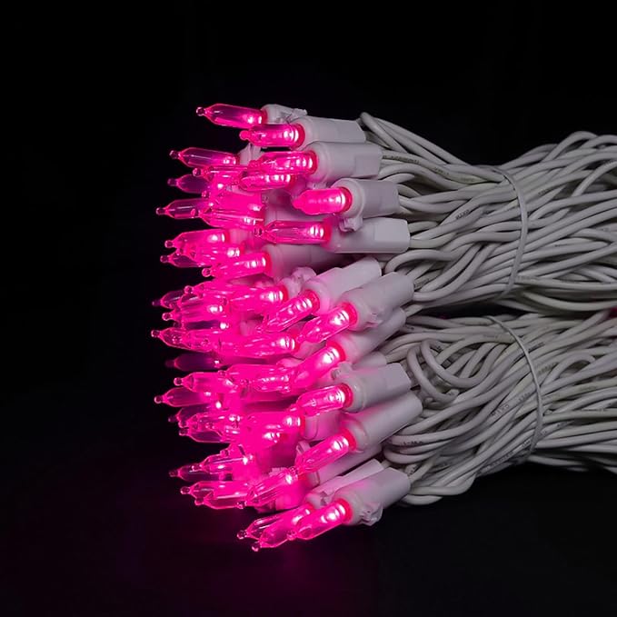 Pink LED Christmas Lights - 100 Count Pink Christmas String Lights for Tree, Party, Bedroom, Wedding, Indoor and Outdoor Valentines Day Decorations, 33 Feet White Wire, UL Certified, Connectable-VerdiqueGarden