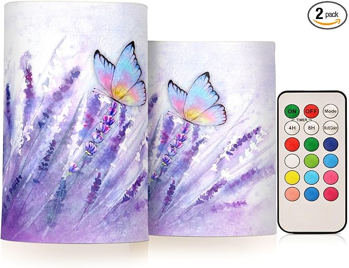 Flickering Flameless Candles, Lavender Butterfly Purple LED Candles with Remote Timer, Set of 2 Battery Operated Candle for Valentine Wedding Birthday-VerdiqueGarden