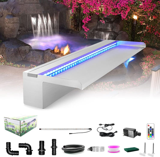 LONGRUN Pool Fountain Stainless Steel Outdoor Pond Spillway Waterfall with Wider Water Flow Platform Multi-Color LED Light Spray Indoor Waterfall Fountains for Garden-23.6" x 8" x 3.94"(W x D x H)-VerdiqueGarden