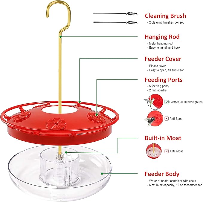 Hummingbird Feeders for Outdoors Hanging (2 Pack), 5 Feeding Ports 16 oz Plastic Hummingbird Feeder, Bee-Proof Leak-Proof No Drip, Easy to Clean with Cleaning Brushes-VerdiqueGarden