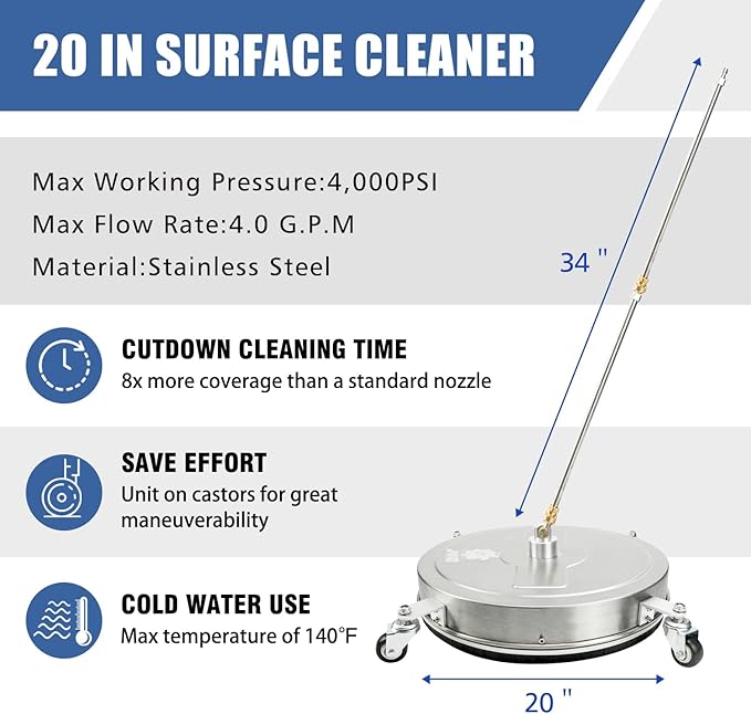 JANZ 20'' Pressure Washer Surface Cleaner with 4 Wheels, Stainless Steel Housing, 1/4" Quick Plug, 2 Extension Wands, 2 Replacement Nozzles and 3 Spray Nozzles, 4000 PSI-VerdiqueGarden