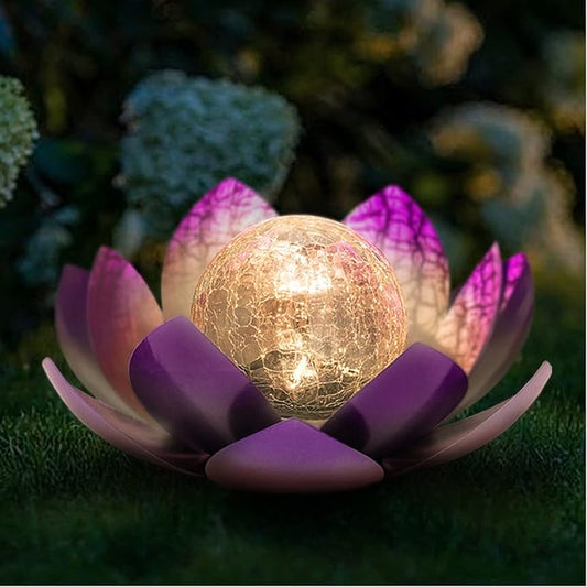 Huaxu Solar Lights Outdoor Decor Purple Lotus Waterproof LED Crackle Globe Glass Metal Flower Decorations for Garden Patio Yard Porch Pathway Ground Tabletop-VerdiqueGarden