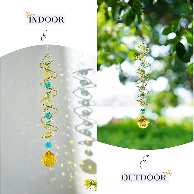 H&D HYALINE & DORA Glass Gazing Ball Spiral Tail Decorative Sun Catcher,17.7in Rainbow Maker Double-Spiral W/Yellow Crystal Ball Prism Sun Catcher for Indoor Outdoor Garden Decoration-VerdiqueGarden
