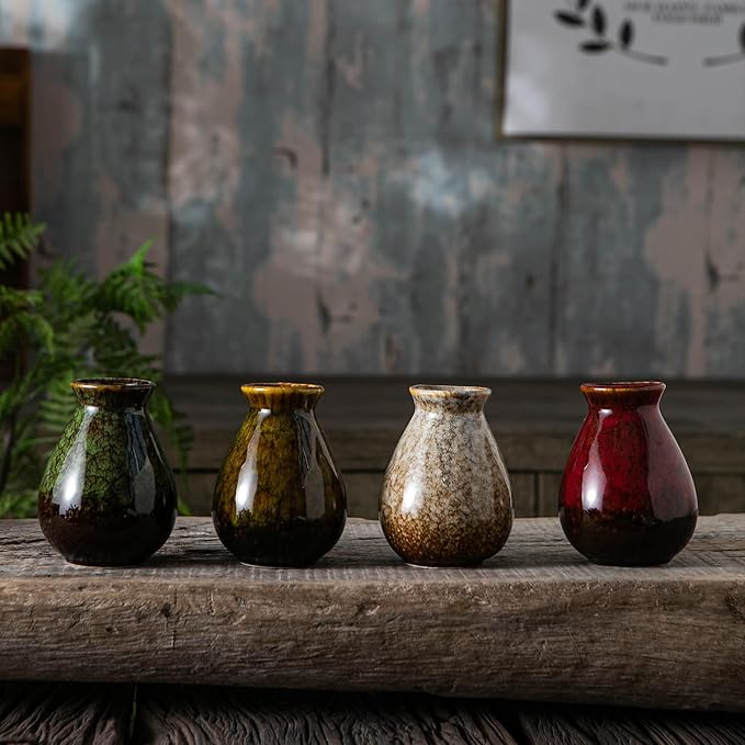 JOJUNO Glazed Rustic Bud Vase Set of 4 - Small Ceramic Mini Pottery Vases in White, Yellow, Green, Red - Ideal for Fresh & Dried Flowers - Modern Farmhouse Décor for Living Room, Shelves, Dining Table-VerdiqueGarden