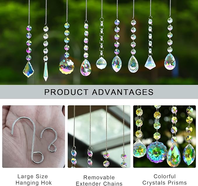 KANPURA 9 PCS Crystal Rainbow Suncatchers, Hanging Crystals Sun Catchers with Chain for Windows, Colorful Suncatcher Prism Pendant Hanging Crystals for Home Wedding Decor-VerdiqueGarden