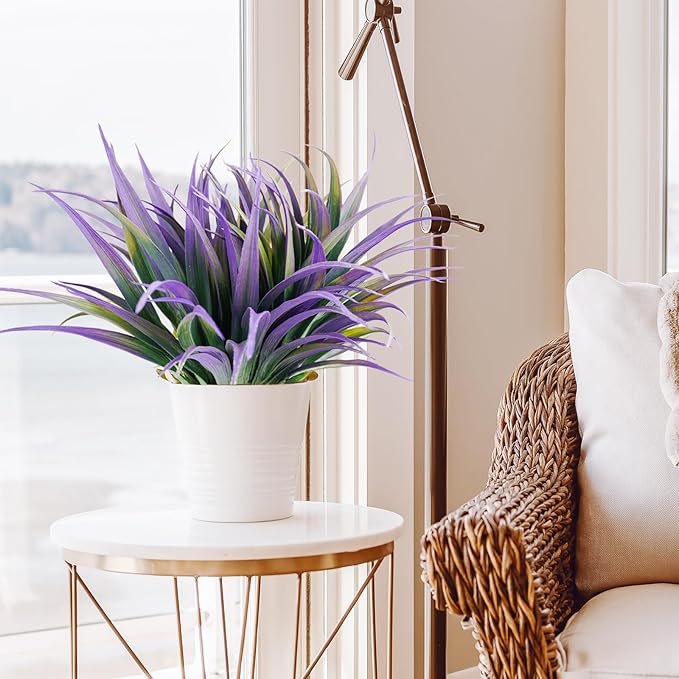 16Pcs Artificial Grass Fake Plants 17.3in Outdoor Plants UV Resistant Faux Greenery Stems Fake Grass for Home Window Garden Office Patio Pathway Front Porch Halloween Décor Green & Purple-VerdiqueGarden