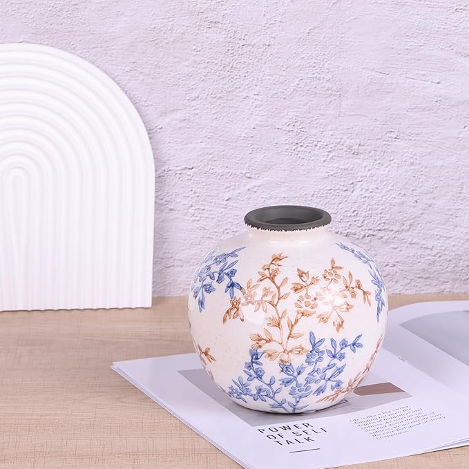 Blue-and-White Vintage Round vase, Chinese-Style Porcelain Blue vase, Suitable for Home Decor, Living Room Coffee Table, Office, Rustic Farmhouse Dining Table Centerpiece, and Tabletop Decoration.-VerdiqueGarden