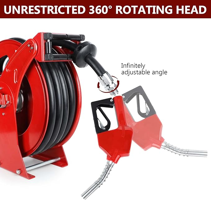 Fuel Hose Reel with Fueling Nozzle, 3/4" x 50FT Retractable Diesel Hose Reel, 300 PSI Industrial Heavy Duty Auto Swivel Rewind Hose Holder Reels, for Vehicle Tank Truck Trailer Ship-VerdiqueGarden