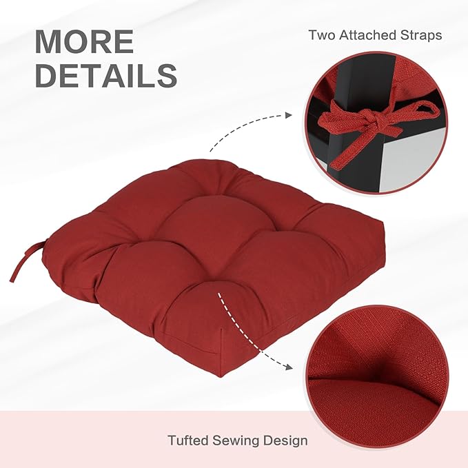Aoodor 19" x 19" x 5" Tufted Outdoor Chair Cushions, Water Resistant & Fade Resistant Polyester Dining Chair Pads with 2 Straps for Patio Furniture, Set of 2-VerdiqueGarden