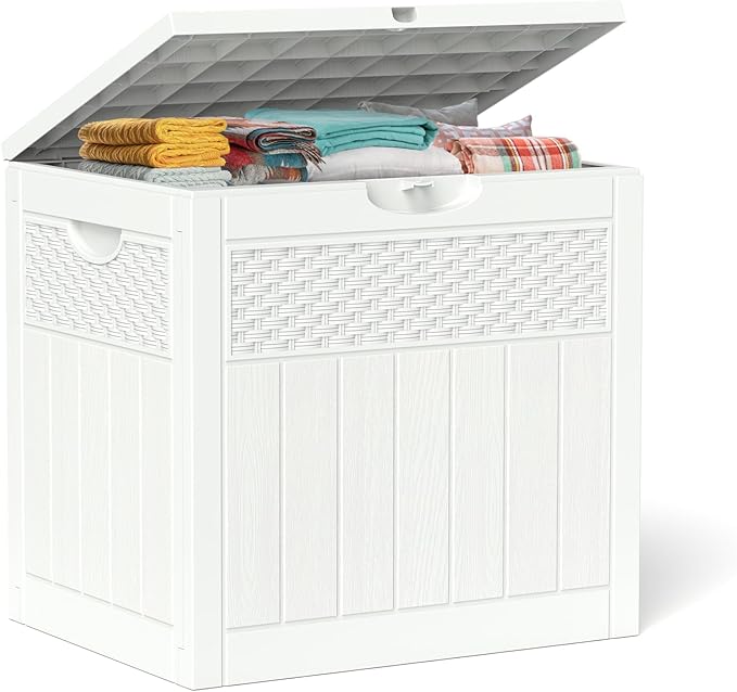 33 Gallon Resin Deck Box, Weatherproof Outdoor Storage Box for Patio, Garden and Yard, Lockable Waterproof Bin for Tools, Cushions, and Accessories, White-VerdiqueGarden