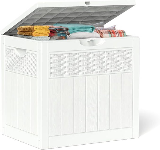 33 Gallon Resin Deck Box, Weatherproof Outdoor Storage Box for Patio, Garden and Yard, Lockable Waterproof Bin for Tools, Cushions, and Accessories, White-VerdiqueGarden