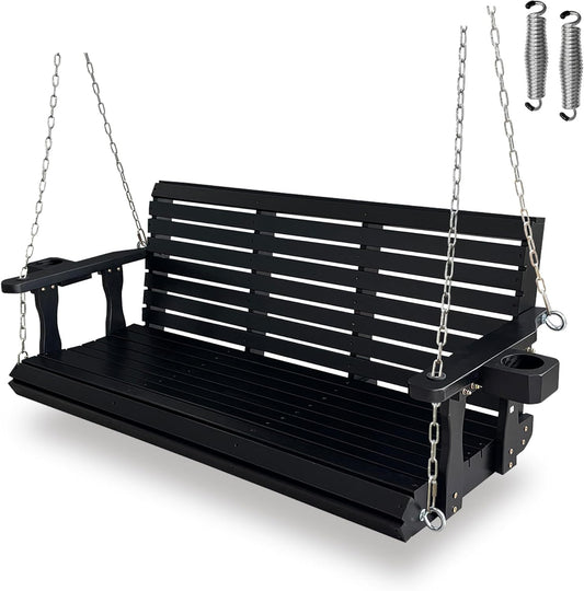 Wooden Porch Swing 3-Seater, High Backrest and Deep Seat, Bench Swing with Cupholders, Hanging Chains and 7mm Springs, Heavy Duty 880 LBS, for Outdoor Patio Garden (Carbon Black, 5 FT Extra Large)-VerdiqueGarden