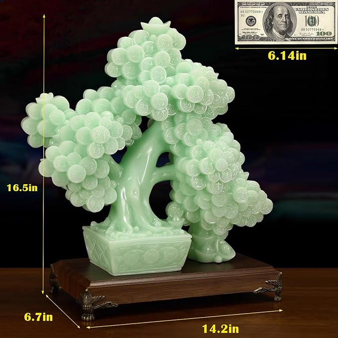 Top Resin Money Tree, Artificial Bonsai Tree, Handcrafted, Premium Quality, Feng Shui Gift for Abundance Luck and Success (Green)-VerdiqueGarden