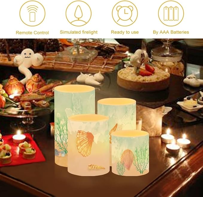 Beach Flameless Candles Battery Powered with Multicolor Timer Remote Control Everlasting Fake Candles for Coastal Marine Garden Indoor Outdoor Decor, Starfish Seashell Coral-VerdiqueGarden