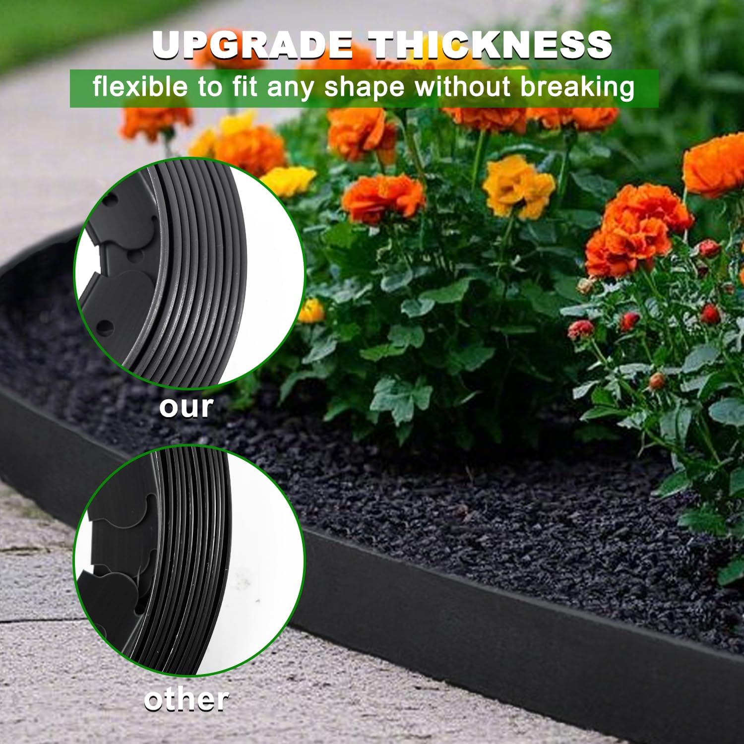 Hugeleaf Landscape Edging 2 Inch Tall 60 Feet Garden Edging Border with 60pcs Stakes, Plastic Edging for Landscaping,Lawn,Flower Beds, Paver Edging (Black)-VerdiqueGarden