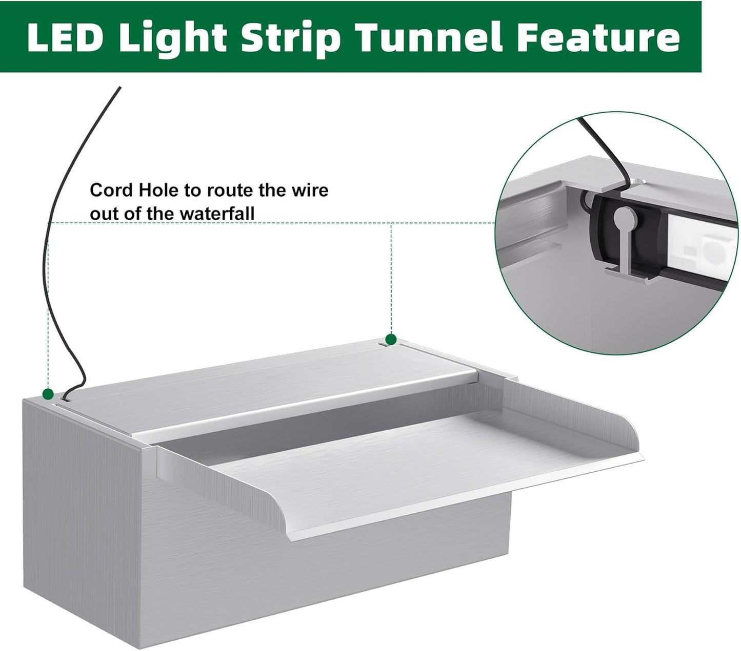 Pond Waterfall Spillway LONGRUNNEW 304 Stainless Steel 11.8" Rectangular Waterfall Spillway, Water Fall Fountain with Pipe Connector for Garden Outdoor, Swimming Pools, Fountains, Pond and Spa-VerdiqueGarden