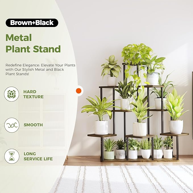 Bamworld Large Plant Stand Indoor, 9 Tier Tall Metal Plant Shelf for Multiple Plants, Tiered Flower Stand for Patio Garden Balcony Living Room Bedroom(Brown)-VerdiqueGarden