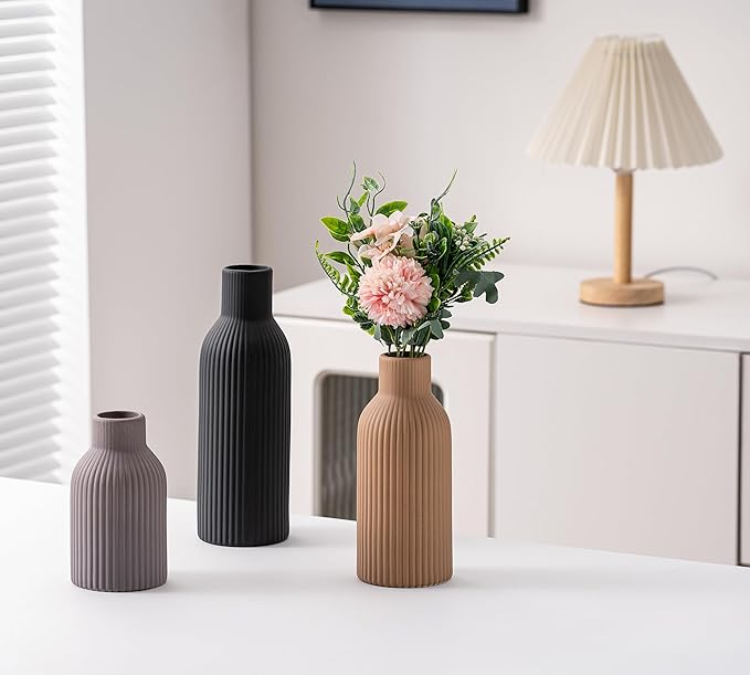 Ceramic Vase Set of 3, Flower Vases for Spring Room Decor, Kitchen Farmhouse, Modern Boho Style(Khaki/Black/Grey)-VerdiqueGarden