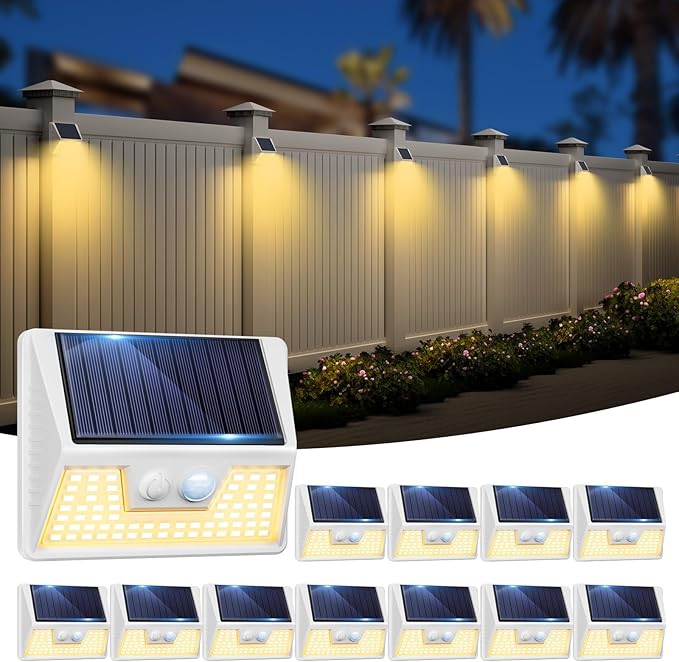 12 Pack Solar Lights Outdoor Motion Sensor, Waterproof Fence Lights with 3 Lighting Mode, Warm White LED Deck Lights for Outside Wall Yard Steps Stairs Garden - White-VerdiqueGarden