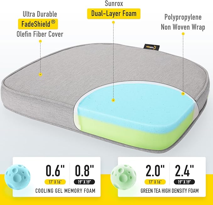 SUNROX Gel Memory Foam Chair Cushions, FadeShield Water-, Stain-Resistant Durable Reversible Seat Cushion Pads with Ties for Indoor/Outdoor Kitchen Dining Office, 17"x16", Set of 4, Heather Grey-VerdiqueGarden