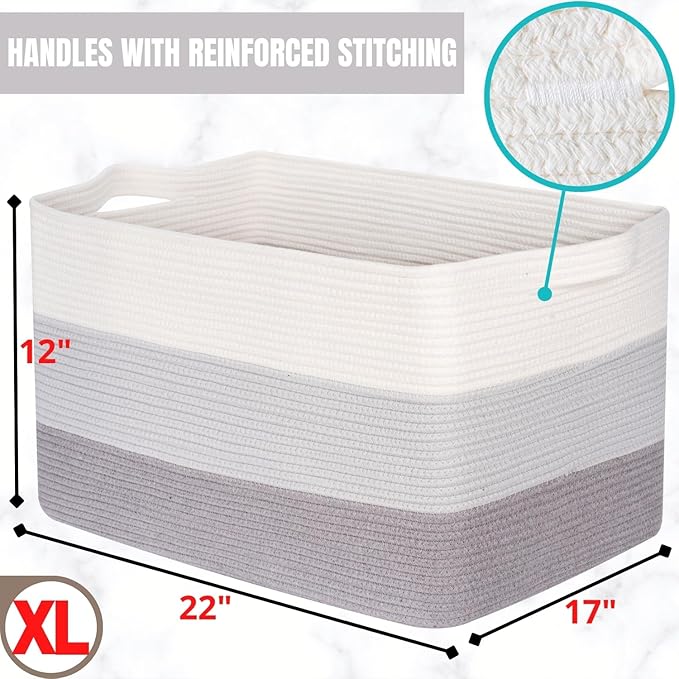 MINTWOOD Design 22in Extra Large Blanket Basket Holder Living Room, Rectangle Rope Woven Storage Basket with Handles for Laundry, Pool Towels, and Shoes, Dog Toy Organizer Bin Box, 3-Tone Light Gray-VerdiqueGarden