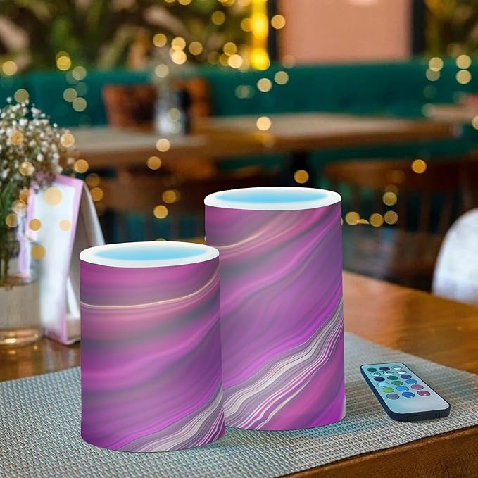 Flickering Flameless Candles, Fuchsia Gold Fluid Marble LED Candles with Remote Timer, Set of 2 Battery Operated Candle for Valentine Wedding Birthday-VerdiqueGarden