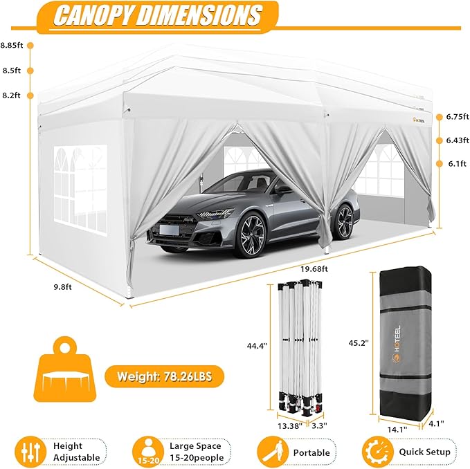 HOTEEL 10x20 Pop up Canopy with Sidewalls, One Push Outdoor Tents for Parties Waterproof Canopy Tent with Reinforce Rod, Easy Setup Event Tent with Sandbag for Backyard, Camping, Wedding, White-VerdiqueGarden