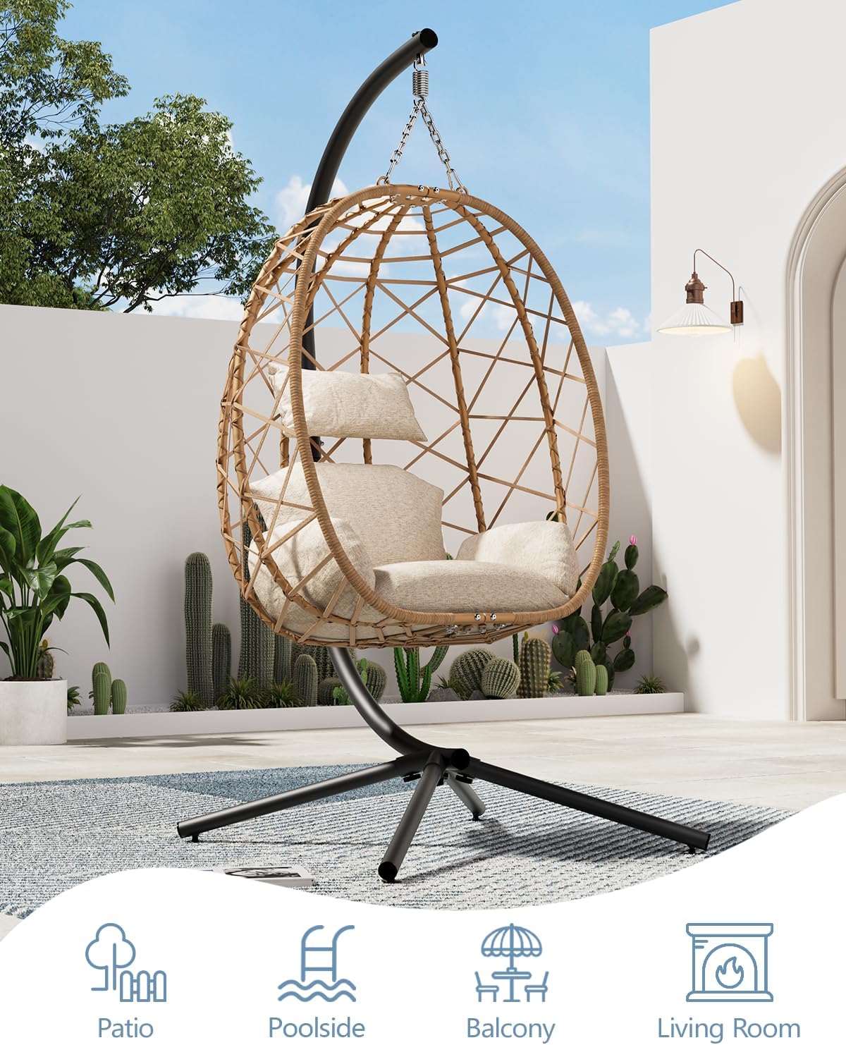 SWITTE Egg Swing Chair with Stand, Outdoor Patio Hanging Egg Chair, Indoor Hammock Chair with Cushion for Garden Backyard, 400LBS Capacity-Beige-VerdiqueGarden