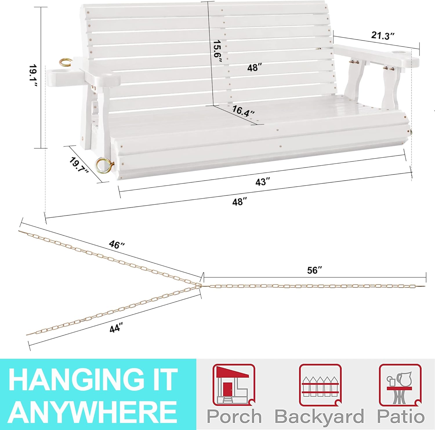 4FT Wooden Porch Swing w/Cupholders,Heavy Duty 800LBS Outdoor Swing Bench w/Chains,Patio Roll Back Swing Chair Bench,Front Porch 2-Person Hanging Bench,for Garden Courtyard Lawn & Balcony-VerdiqueGarden