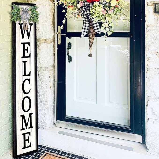 Surfapans Welcome Sign for Front porch Standing 45"X9"Large Wood Frame Outdoor Tall Welcome Signs Vertical Decor for Farmhouse Rustic Home Modern Outside Front Door Wall Decorations (Black)-VerdiqueGarden