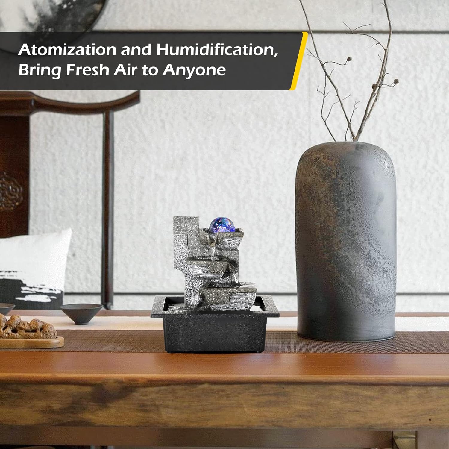 Dyna-Living Water Fountains Indoor Desktop Fountain Relaxation Waterfall Indoor Portable Feng Shui Fountain with LED Light Home Decoration-VerdiqueGarden