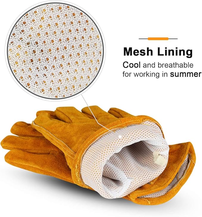 OZERO Leather Work Gloves Flex Grip Tough Cowhide Gardening Glove for Men and Women (Large, Gold With Mesh Linning)-VerdiqueGarden