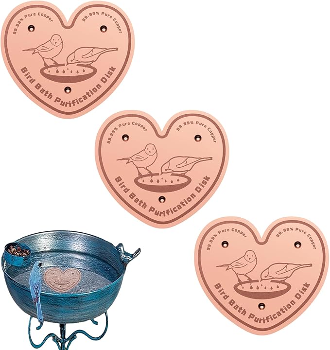 3-Pack 99.99% Pure Copper Bird Bath Purification Disk,Copper Disc with Stable Triple-Point Support,Fits All Outdoor Bird Baths(Heart-Shaped)-VerdiqueGarden