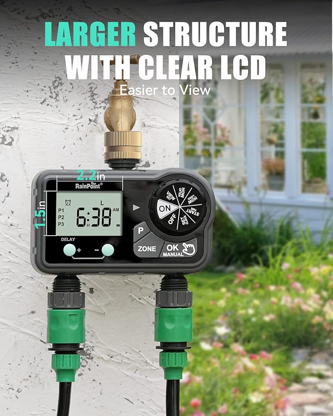 RAINPOINT Brass Sprinkler Timer 2 Stations, Large Digital Water Timer for Garden Hose with 6 Programmable Procedure, with Delay/Manual/Auto Irrigation Mode for Week/Specific/Daily Watering-VerdiqueGarden